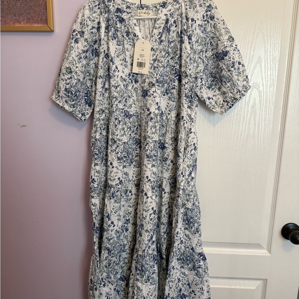 Wonderly Blue and White Patterned Midi Dress